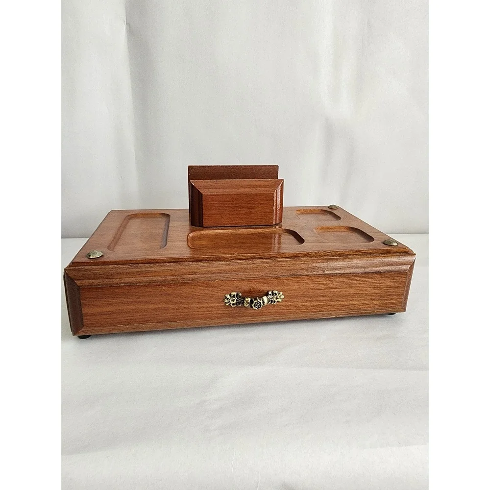 Vintage Wooden Valet Box Desk Organizer Mail Holder Jewelry Drawer Brown Brass